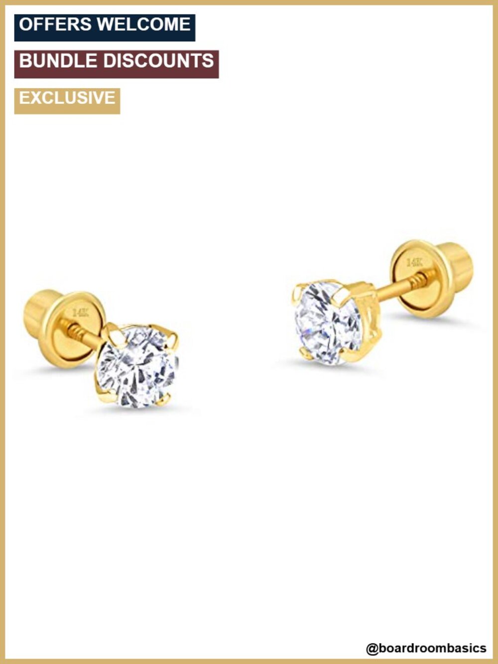 14k Yellow Gold Round Cubic Zirconia Screw Back Kids Stud Earrings